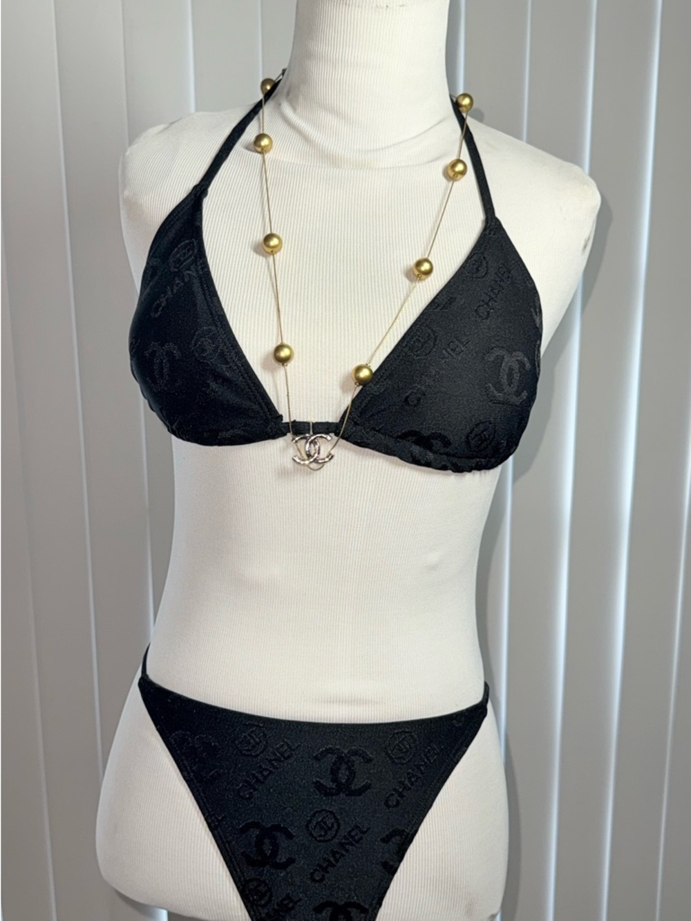 CHANEL Black Logo Jacquard Triangle Bikini - Picture 3 of 3